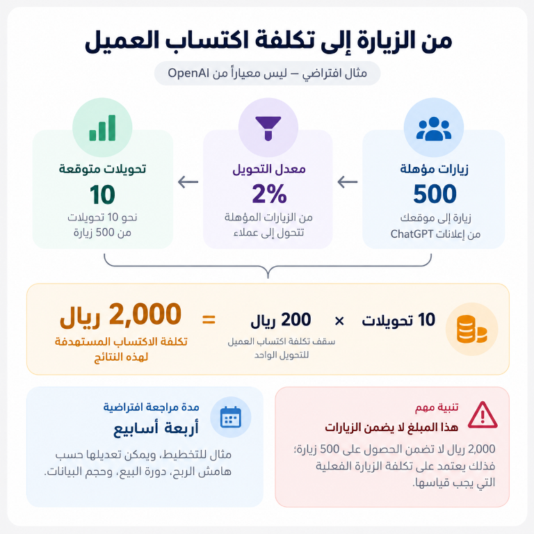 رسم يوضح مثالاً افتراضياً: 500 زيارة مؤهلة بمعدل تحويل 2% تنتج نحو 10 تحويلات، وتكلفة مستهدفة قدرها 2,000 ريال عند سقف 200 ريال للتحويل، مع تنبيه إلى أن المبلغ لا يضمن عدد الزيارات.