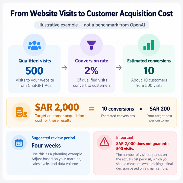 Infographic with an illustrative example: 500 qualified visits at a 2% conversion rate yield about 10 conversions, with a target cost of SAR 2,000 at a SAR 200 acquisition-cost cap, and a warning that this does not guarantee 500 visits.